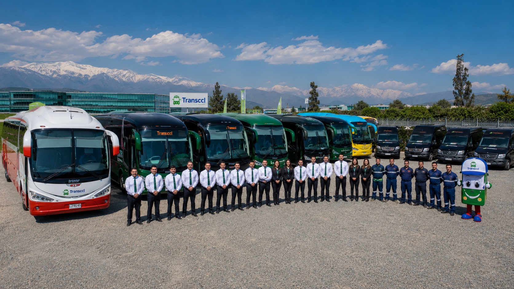 Equipo profesional y flota completa de Transccl con la cordillera de fondo