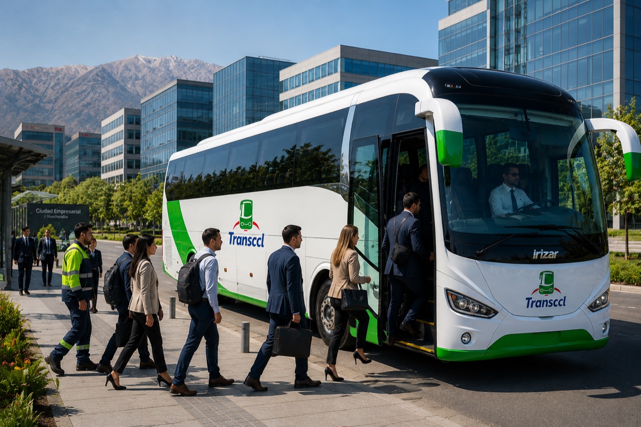 Trabajadores abordando bus Transccl para transporte de personal